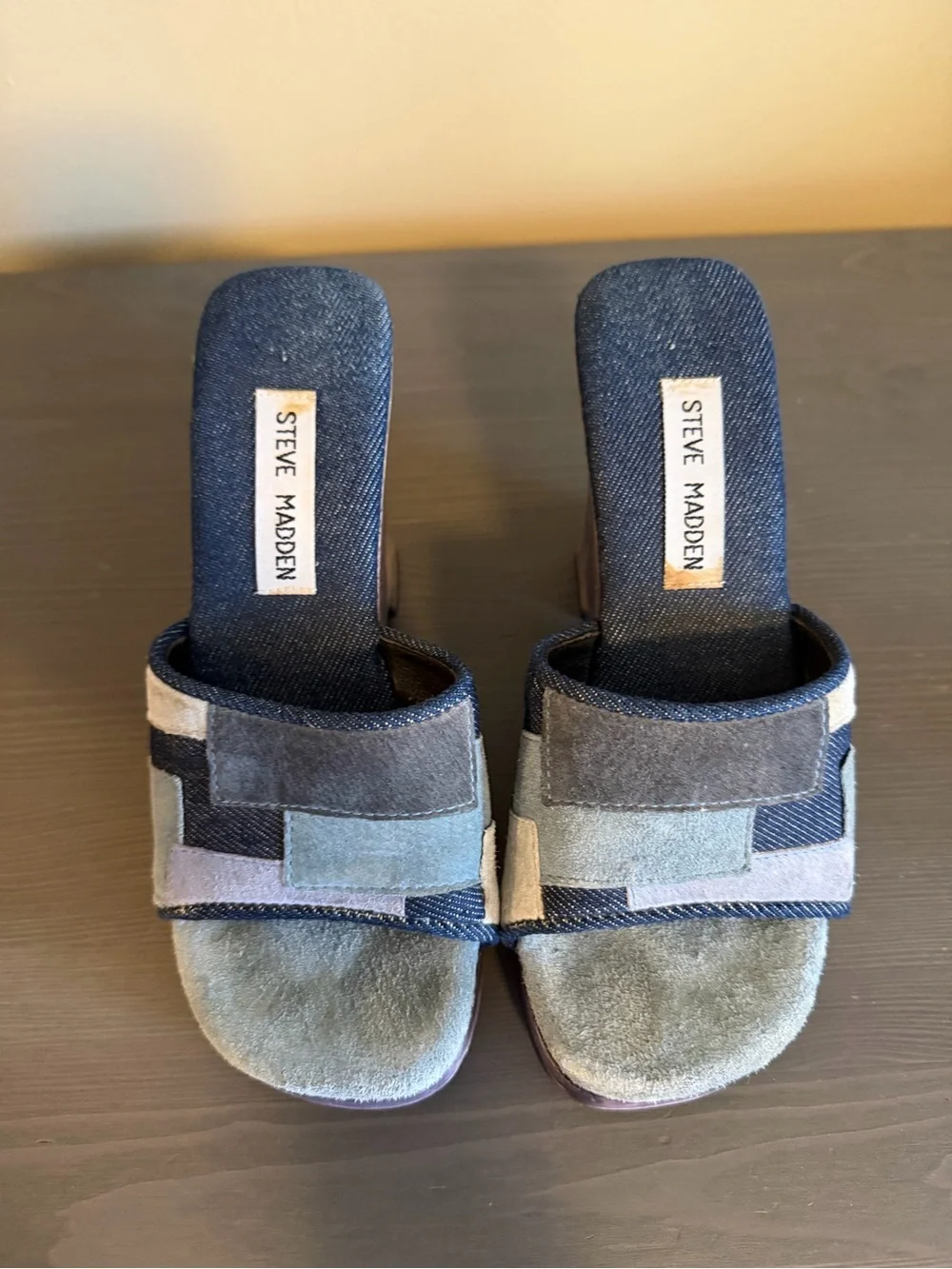 Steve Madden Vintage Y2K Denim Patchwork Wooden Platform Heels